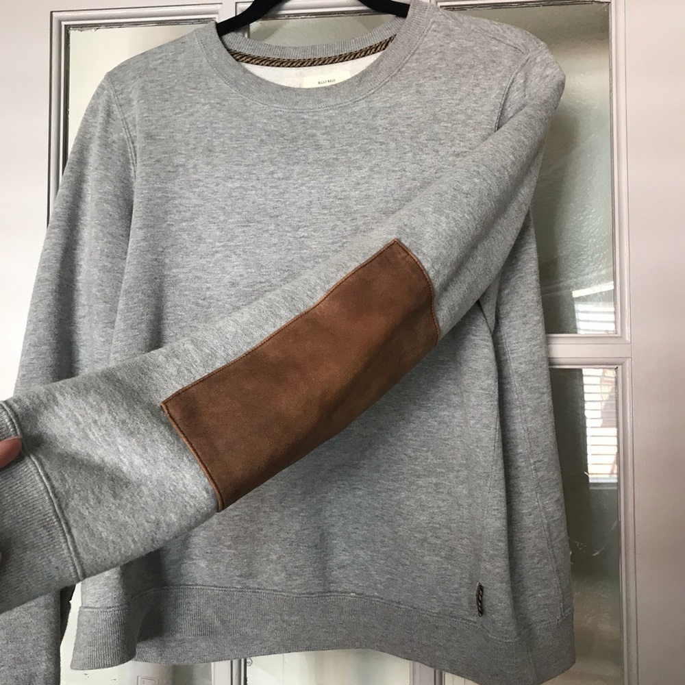 Billy Reid, leather elbow, sweatshirt.